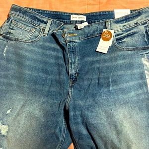 Lane Bryant distressed cropped high rise straight fit jeans, medium blue.